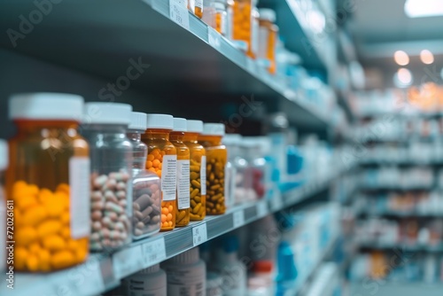 Pharmacy shelves with medicines jars with pills and bottles with medicines, pharmaceutical concept photo
