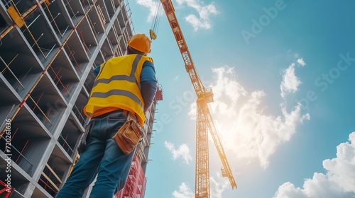 concept of industry, construction, technology and people - close-up of a male construction worker wearing a hard hat with a walkie-talkie or radio outdoors.