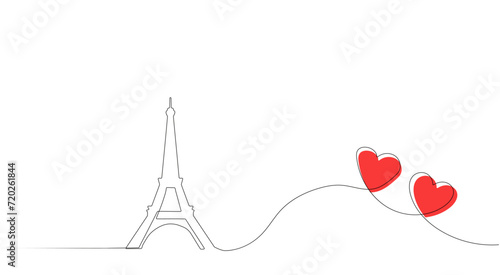 The Eiffel Tower in Paris. One continuous line. Hand drawing. French landmarks and city architecture in a simple linear style. You can edit the strokes.