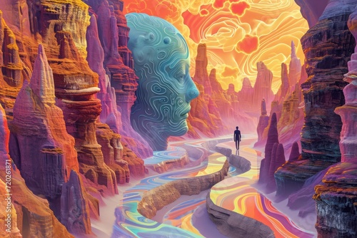 A digital illustration portraying the emotional intelligence journey, with the central figure navigating through a landscape of emotions. Various emotional states are represented as vibrant landscapes