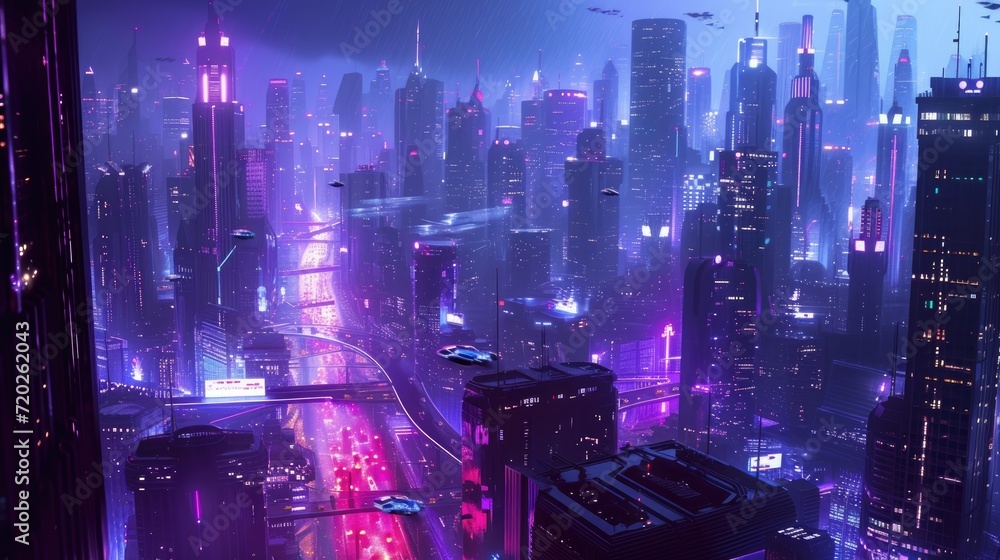 A futuristic cityscape featuring sleek high-rise buildings that glisten under the night sky.