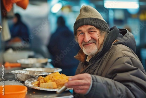An elderly homeless man in a warm hat is eating fried potatoes on the street. Assistance to socially vulnerable sections of the population. Free lunch for beggars