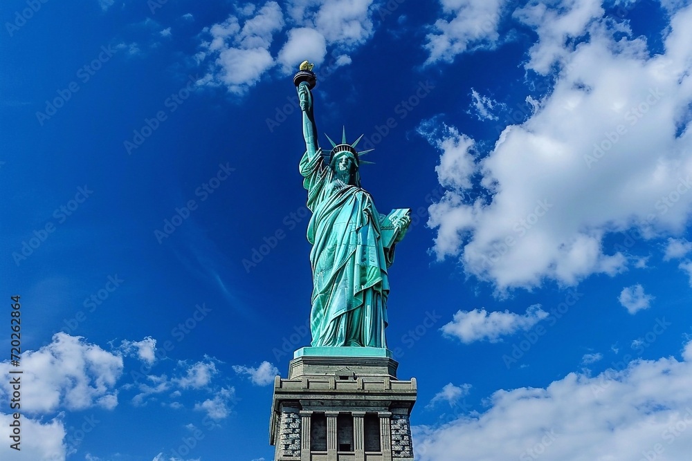 Fototapeta premium Statue of Liberty in New York on the background of blue sky with clouds, United States of America.