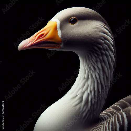 Realistic gray goose on black background. Farm animal. AI generated