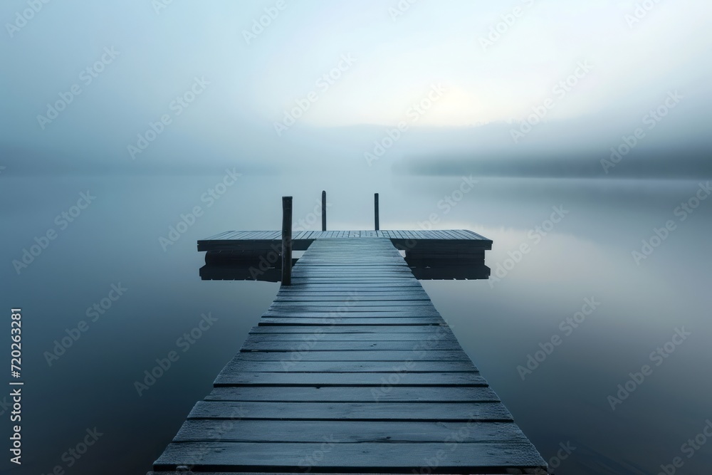 A wooden pier on a lake at a foggy dawn