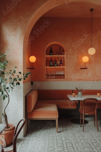Peach colored walls with arches and modern lights in a cafe