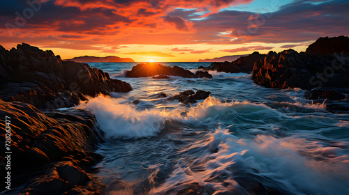 Sunset or sunrise orange landscape view of the coast © bravissimos