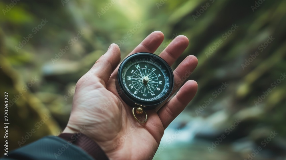 An intriguing close-up of a hand holding a compass, symbolizing exploration and adventure.
