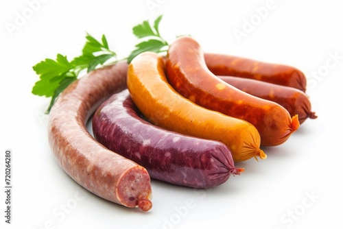 Different types of sausages isolated on white background photo