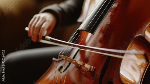 Close-up of a musician skillfully playing cello strings.