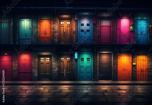 A building  with  colorful lights on the doors