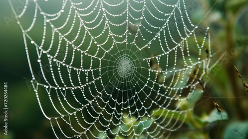 A shimmering spider web adorned with delicate dew drops glistening in the sunlight.