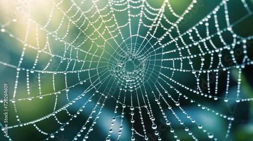 A shimmering spider web adorned with delicate dew drops glistening in the sunlight.