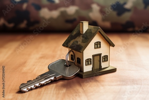American housing market, house keys in front of the camo background, veteran housing affordability issue, savings, and mortgage concept	