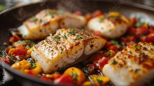 The magic of cooking fish, Chef preparing food in the kitchen, Photo of a pan fried fish with vegetables