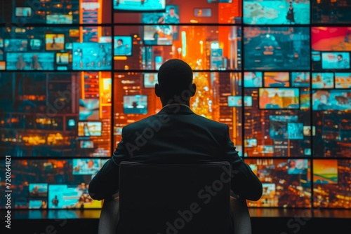 Back view of a businessman facing a wall of glowing digital screens
