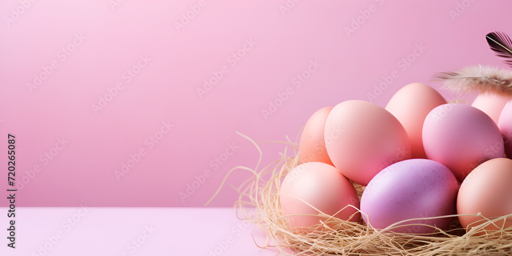 Natural Easter background with multi colored eggs against pink wall background.