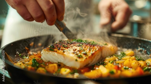 The magic of cooking fish, Chef preparing food in the kitchen, Photo of a pan fried fish with vegetables photo