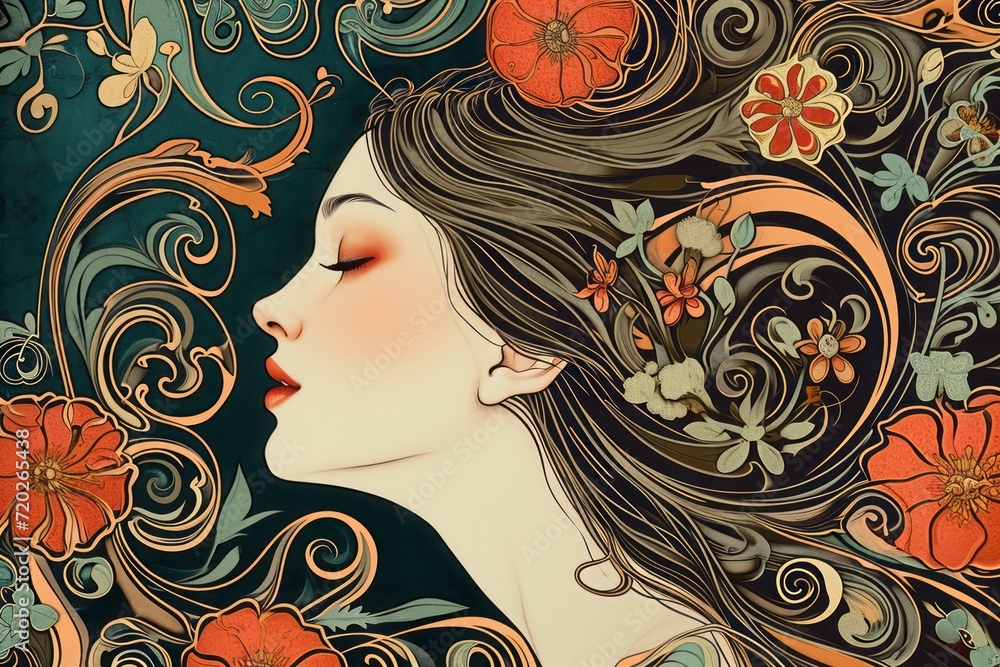 Graceful Woman with Flowing Hair and Floral Accents in Art Nouveau Style