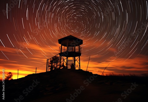lighthouse at night in the sea with light trail
