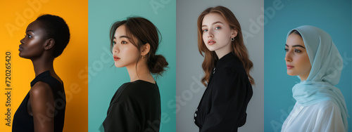 Female portrait. Side view profiles of four young women with diverse beauty against a spectrum of bold and soft backdrops, portraying elegance and cultural diversity photo