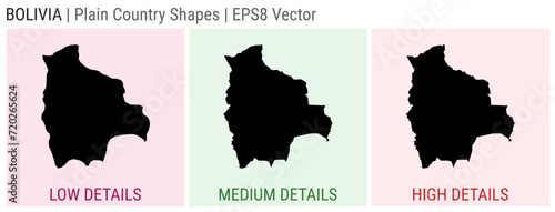 Bolivia - plain country shape. Low, medium and high detailed maps of Bolivia. EPS8 Vector illustration.