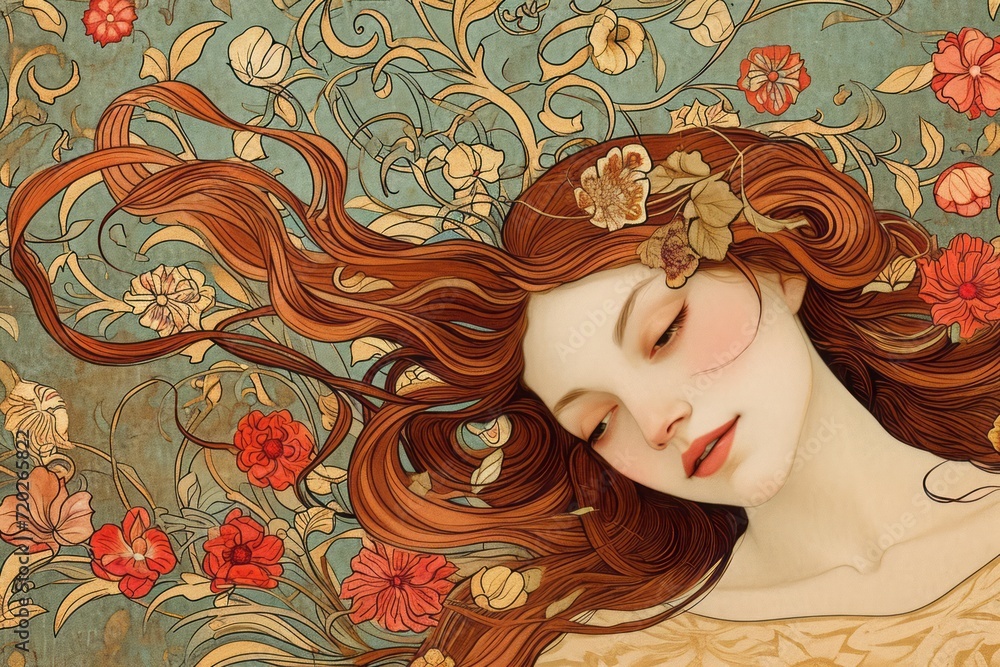Graceful Woman with Flowing Hair and Floral Accents in Art Nouveau Style