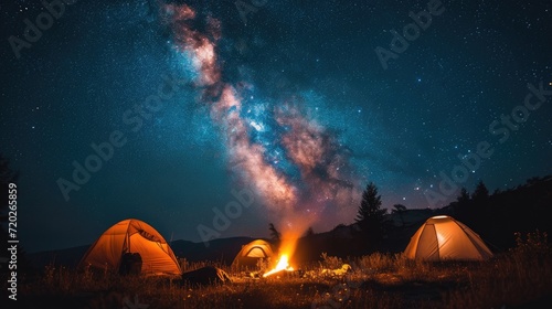 A group of friends enjoying a camping trip under the starry night, with cozy tents and a warm campfire. photo