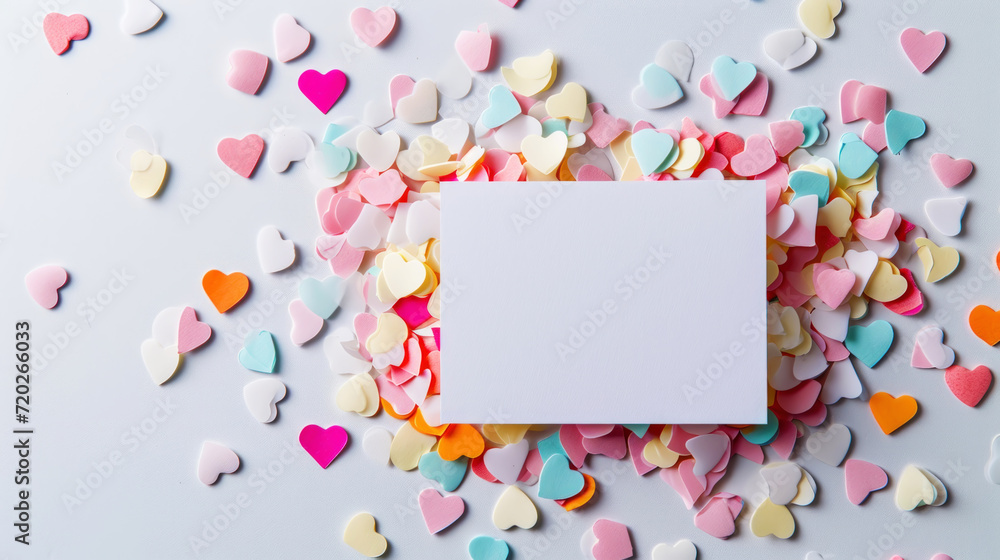 Aesthetic blank paper card mockup with pastel heart-shaped confetti. Luxury greeting card design concept. Generative AI