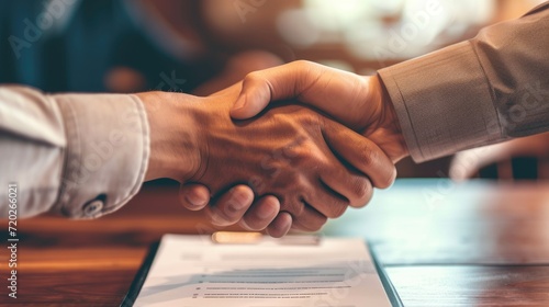 A handshake between two people over a signed financial contract. photo