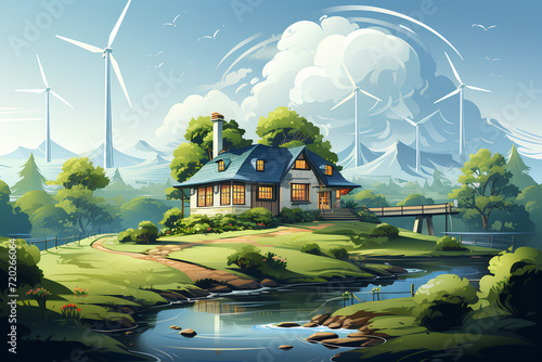 Spring village with a farmhouse and bright light on the sunny day, Summertime landscape of farm field, hill, blue sky with cloudy at the countryside, on generative AI 
