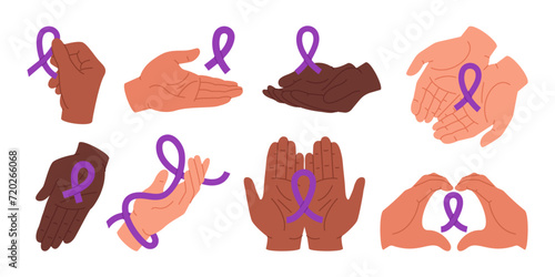 Group of diverse human arms holding awareness purple ribbons. Public awareness about fighting domestic violence, sarcoidosis, lupus, Alzheimer's disease, pancreatic cancer. Vector flat set.