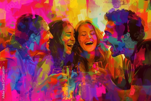 A digital art composition portraying a group of friends engaged in meaningful conversation and shared laughter. The scene includes vibrant colors and dynamic poses, reflecting the positive energy © DK_2020