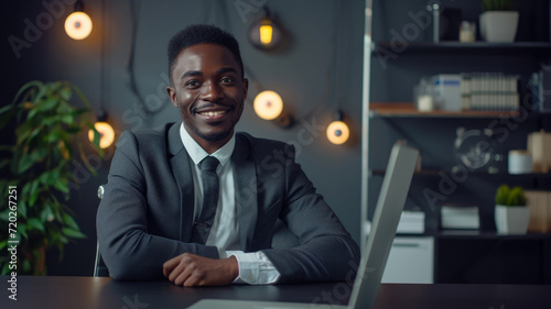 Handsome cheerful African-American man in working office