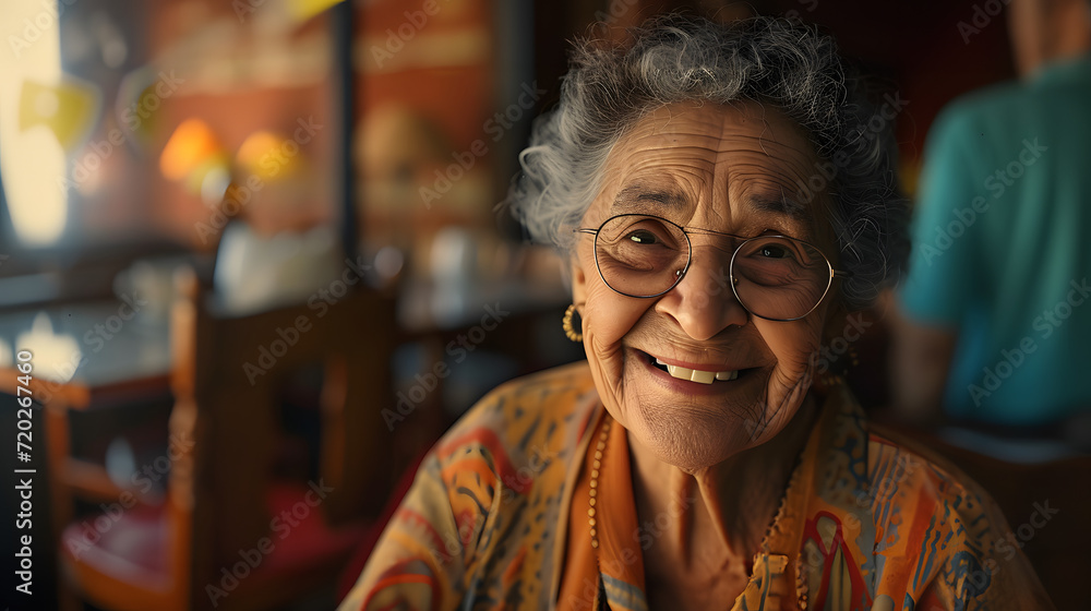 smiling portrait of a happy senior latin or mexican woman in a nursing home, 