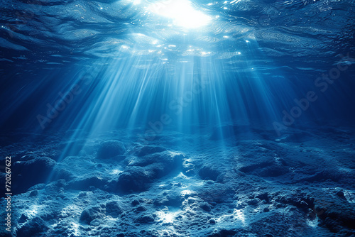 Ocean Mystery, Intense Blue Sunrays Illuminating the Underwater Seascape