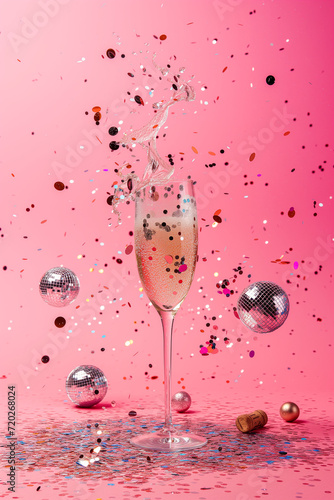 Champagne glass with a splash, confetti and small disco balls on the pink background. Valentine's day concept.  