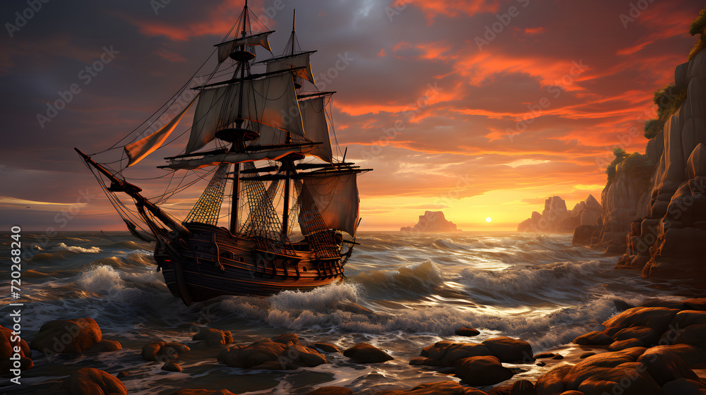 Fototapeta premium Sailboat in the sea in the evening sunlight, luxury summer adventure