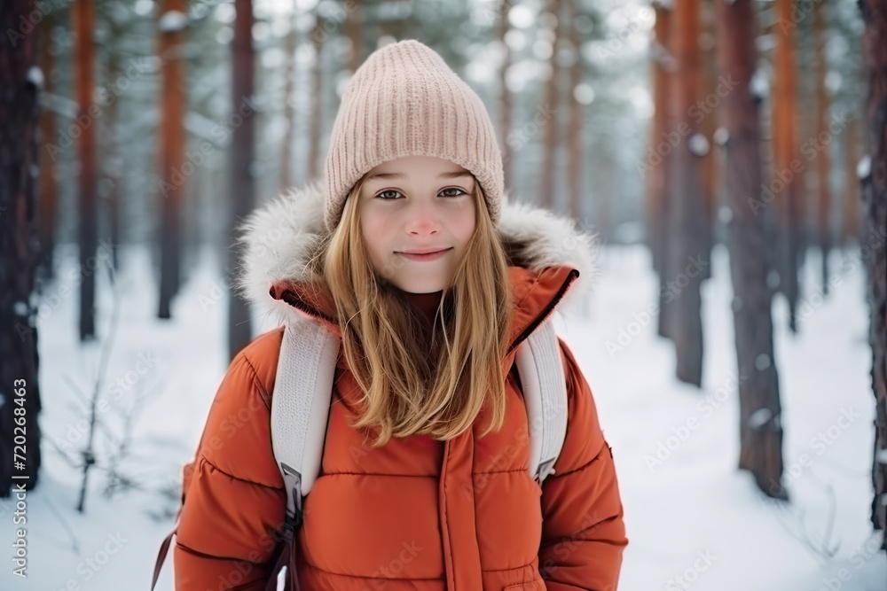 Cute teen girl having fun on a walk in snow covered pine forest on chilly winter day. Teenage child exploring nature. Winter activities for kids. Cute teen girl having fun on a walk in snow covered pine forest on chilly winter day. Teenage child exploring nature. Winter activities for kids.