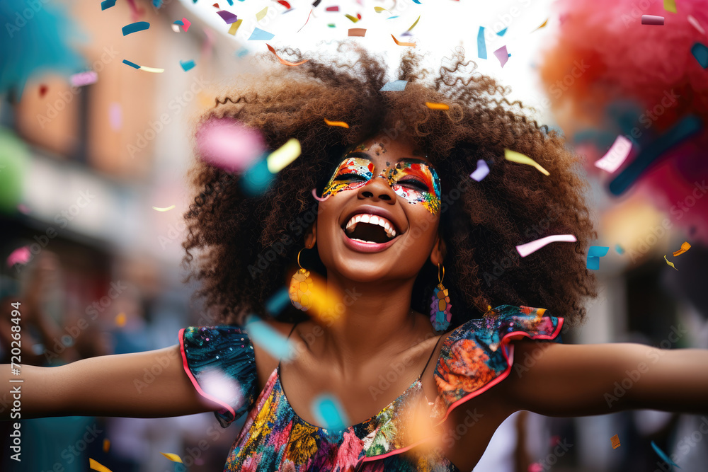 Obraz premium dancing african woman with afro confetti in the air, in the style of tilt-shift lenses, hyper-realistic portraiture, vibrant street scenes, photorealistic portraits,