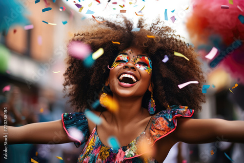 dancing african woman with afro confetti in the air, in the style of tilt-shift lenses, hyper-realistic portraiture, vibrant street scenes, photorealistic portraits,