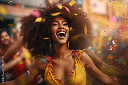 dancing african woman with afro confetti in the air, in the style of tilt-shift lenses, hyper-realistic portraiture, vibrant street scenes, photorealistic portraits,