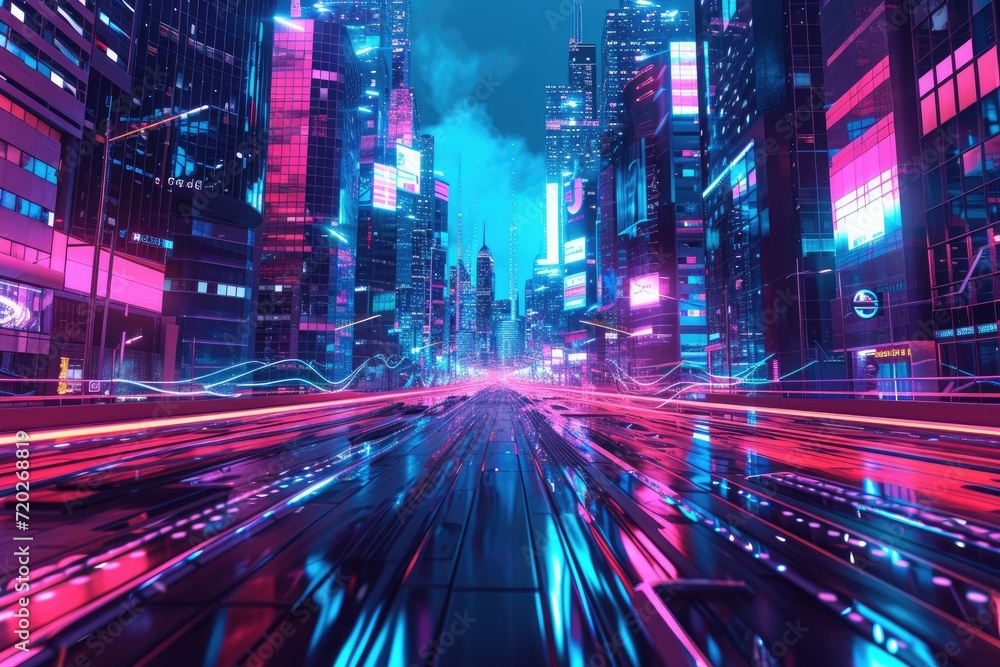 Futuristic city with city lights and neon lights