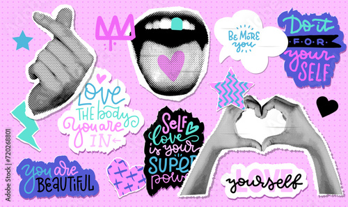 y2k neon Collage stickers set with hand showing love gestures in halftone effect style. Cut out paper pieces with self love quotes. The hand holds gesturing heart sign. Vector 90s illustration