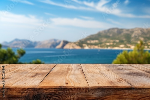 Wooden table on the background of the sea  island and the blue sky