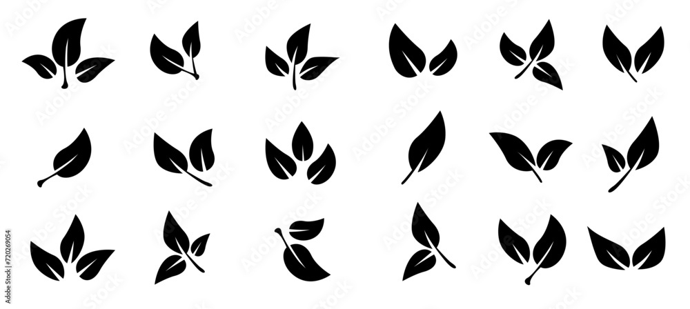 Set of black leaf icons. Leaves of trees and plants. Leaves on white background. Ecology. Vector illustration. Set of black leaf icons. Leaves of trees and plants. Leaves on white background. Ecology. Vector illustration.