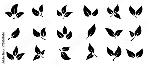 Set of black leaf icons. Leaves of trees and plants. Leaves on white background. Ecology. Vector illustration.