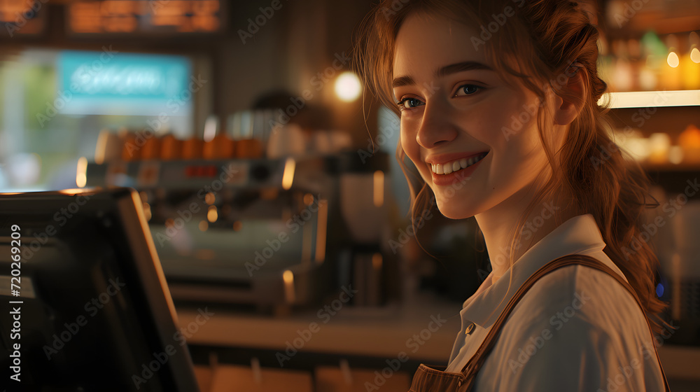 smiling, young and attractive saleswoman, cashier serving customers, smiling, young and attractive saleswoman, cashier serving customers,