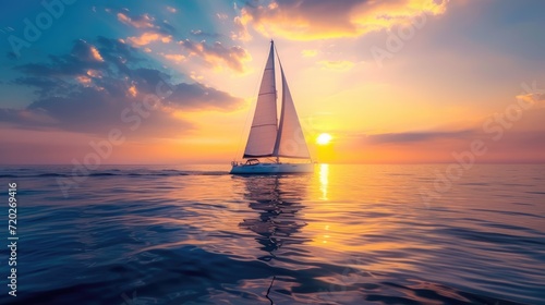 Sailing into Sunset Serenity: Embrace the Tranquil Beauty as a Sailboat Glides on Calm Waters, Bathed in the Warm Glow of a Majestic Sunset.