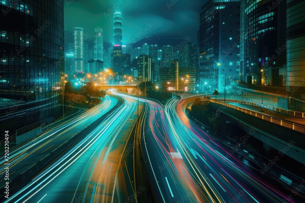 Futuristic city with bright lines of urban traffic with long exposure